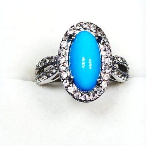 Natural Arizona Sleeping Beauty Turquoise/White Zircon ring in Plat/925SS 5.64ct